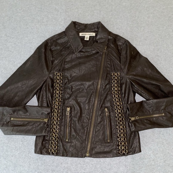 Andrew Charles Moto Jacket‎ XS Brown Faux Leather Chain Detail Asymmetrical Zip - Picture 2 of 15